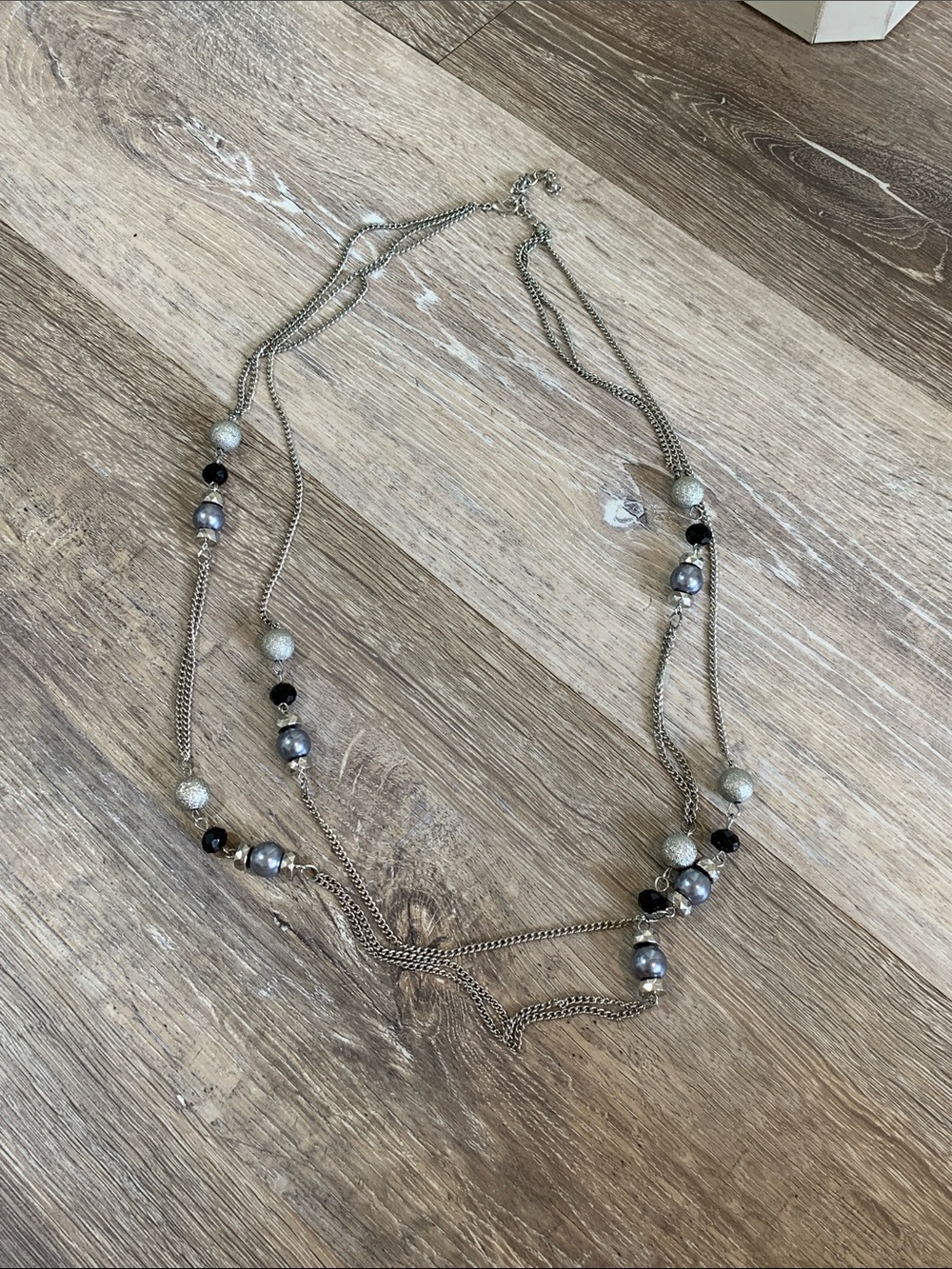 Silver Multi-Strand Beaded Necklace with Gray and Black Accents